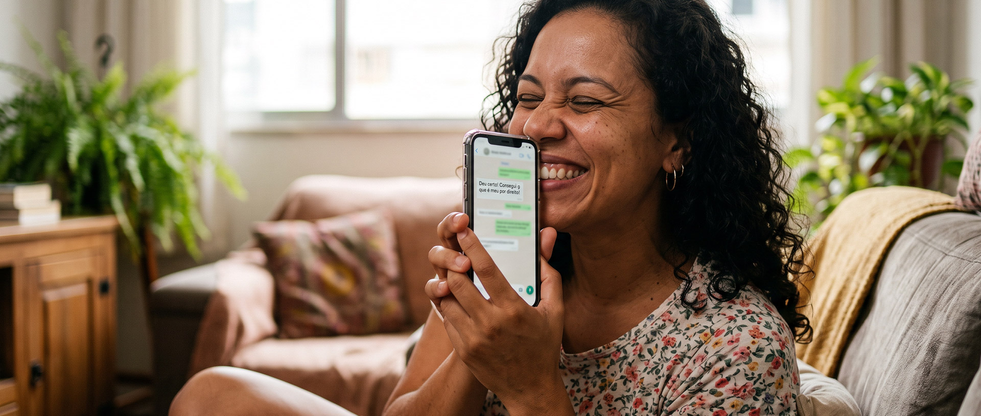 Mulher sorrindo, olhando o celular